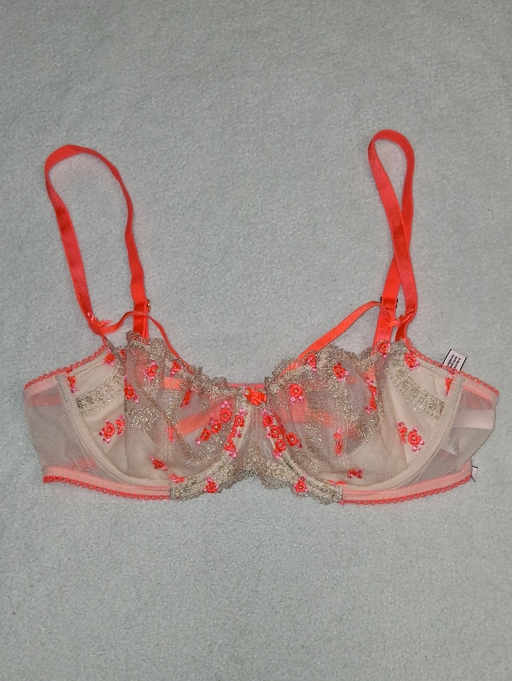 Victoria's Secret Sheer Floral Embroidered Bra in Coral and Nude